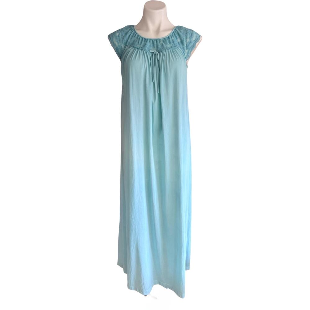 Vintage 1970s Gilead Peignoir Set Seafoam Blue Nightgown Robe Lace Trim S - Picture 2 of 12